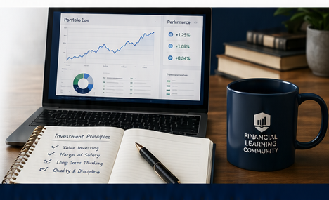 Laptop investment dashboard, notebook and Financial Learning Community mug